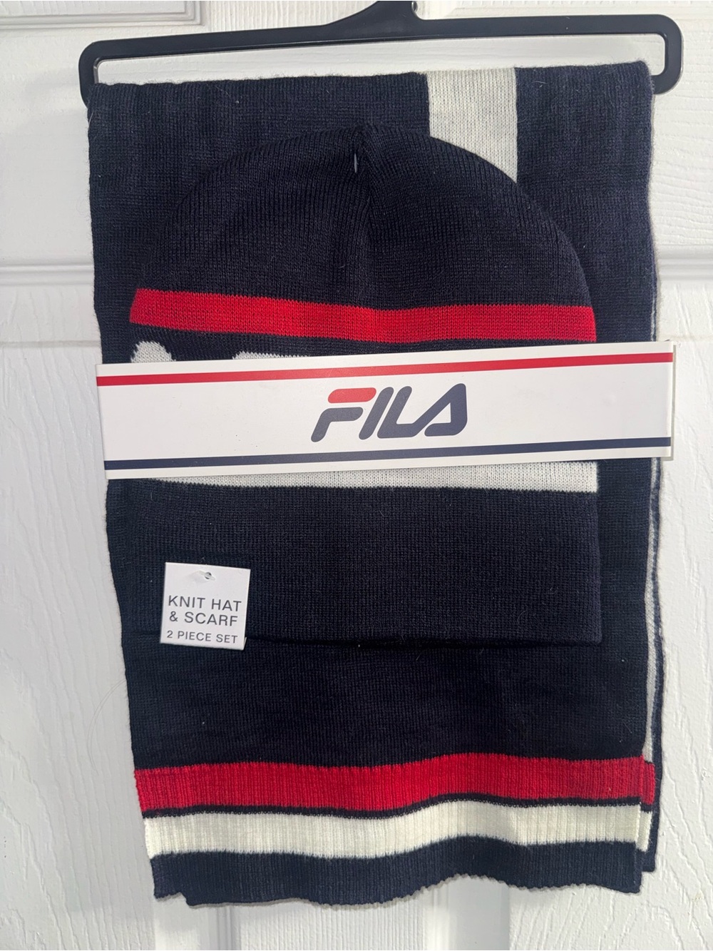 FILA Knit Hat & Scarf Set in Navy, Red, White
